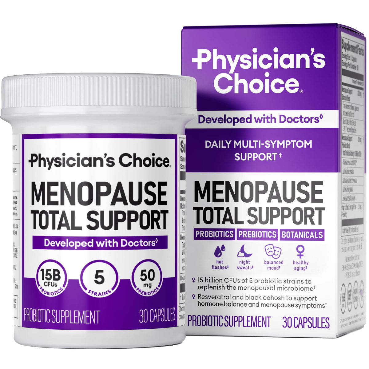 Physician's CHOICE Menopause Probiotic bottle front for balance and gut health.
