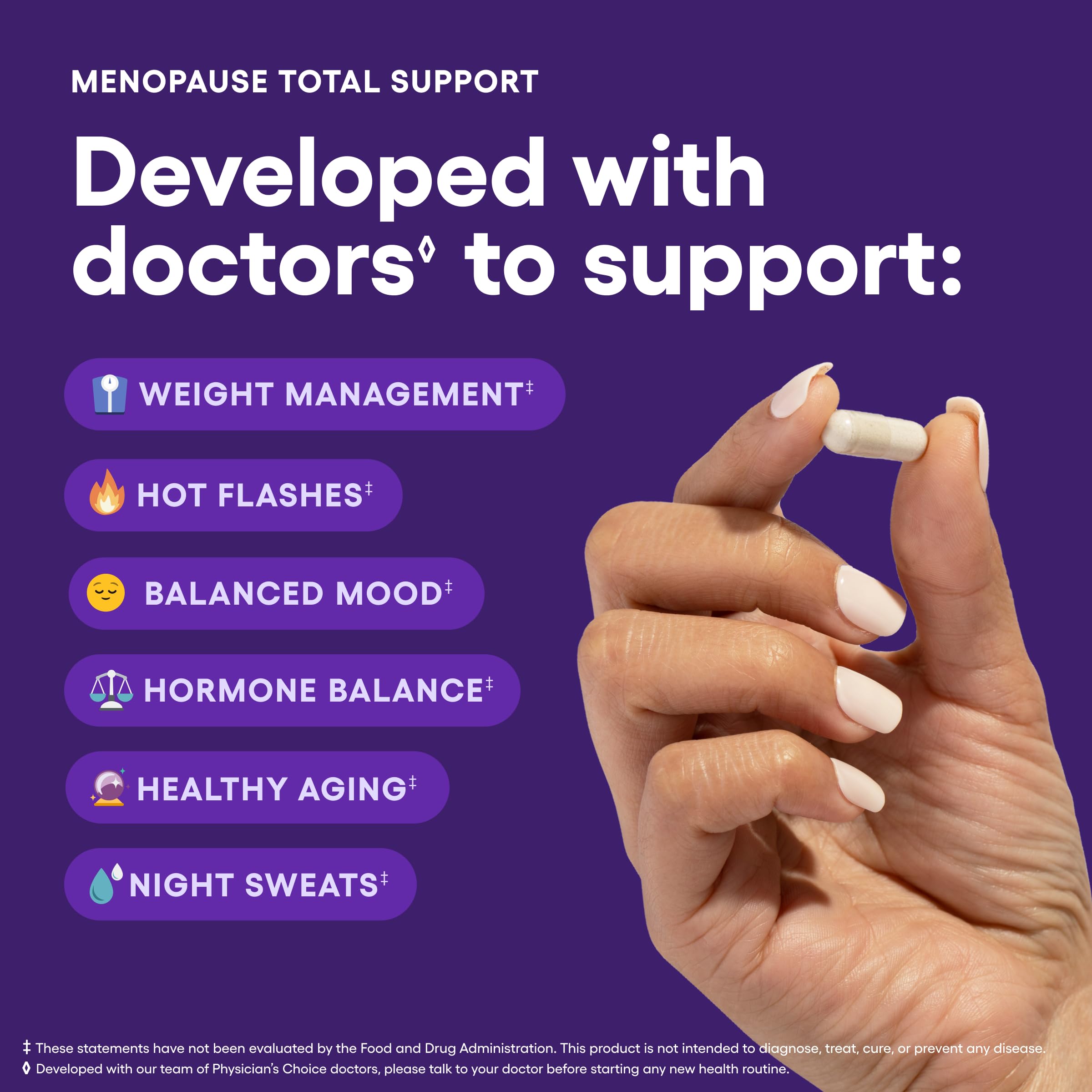 Physician's CHOICE Menopause Probiotic capsules close-up for daily balance.