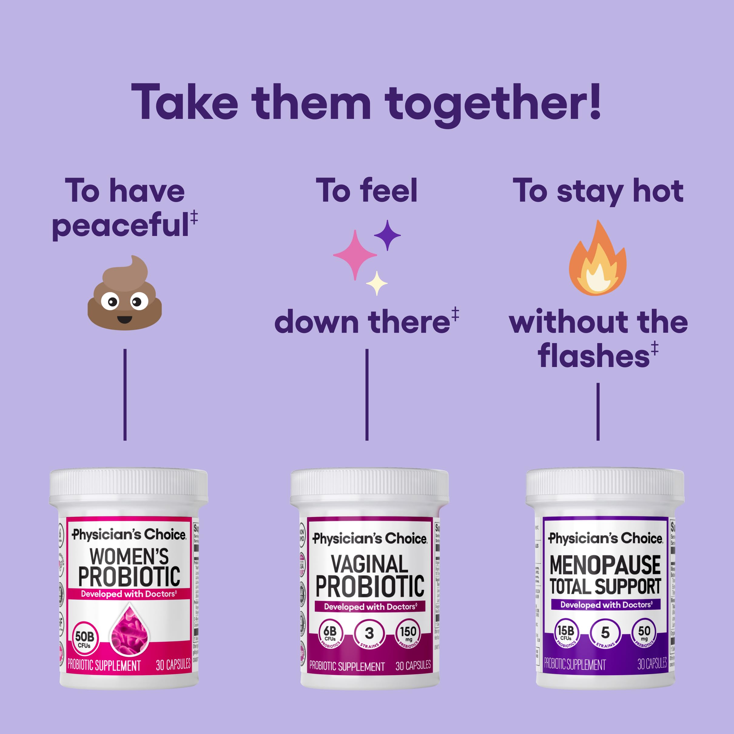 Physician's CHOICE Probiotic label highlights black cohosh and resveratrol ingredients.