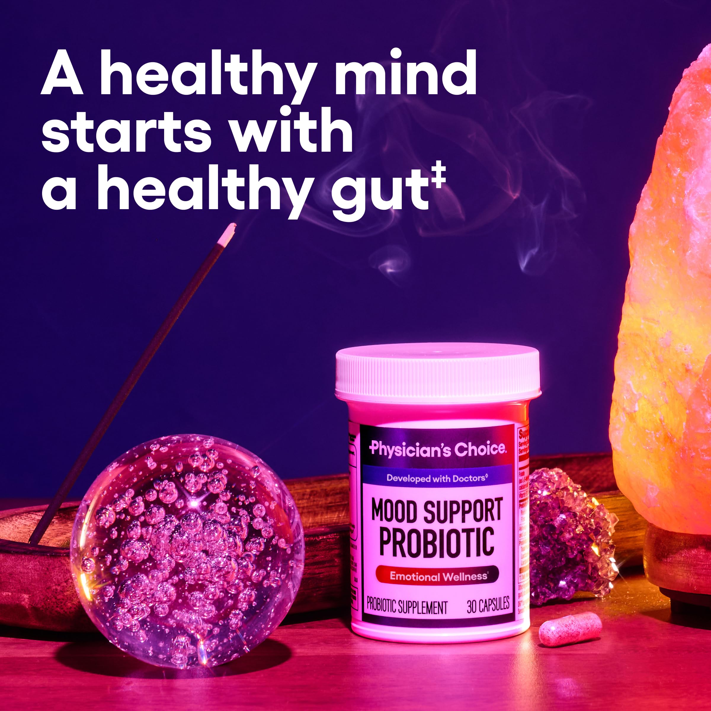 Physician's CHOICE Mood Probiotic capsules may support daily calm and resilience.