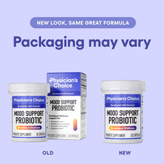 Physician's CHOICE Mood Probiotic bottle beside a glass for daily use.
