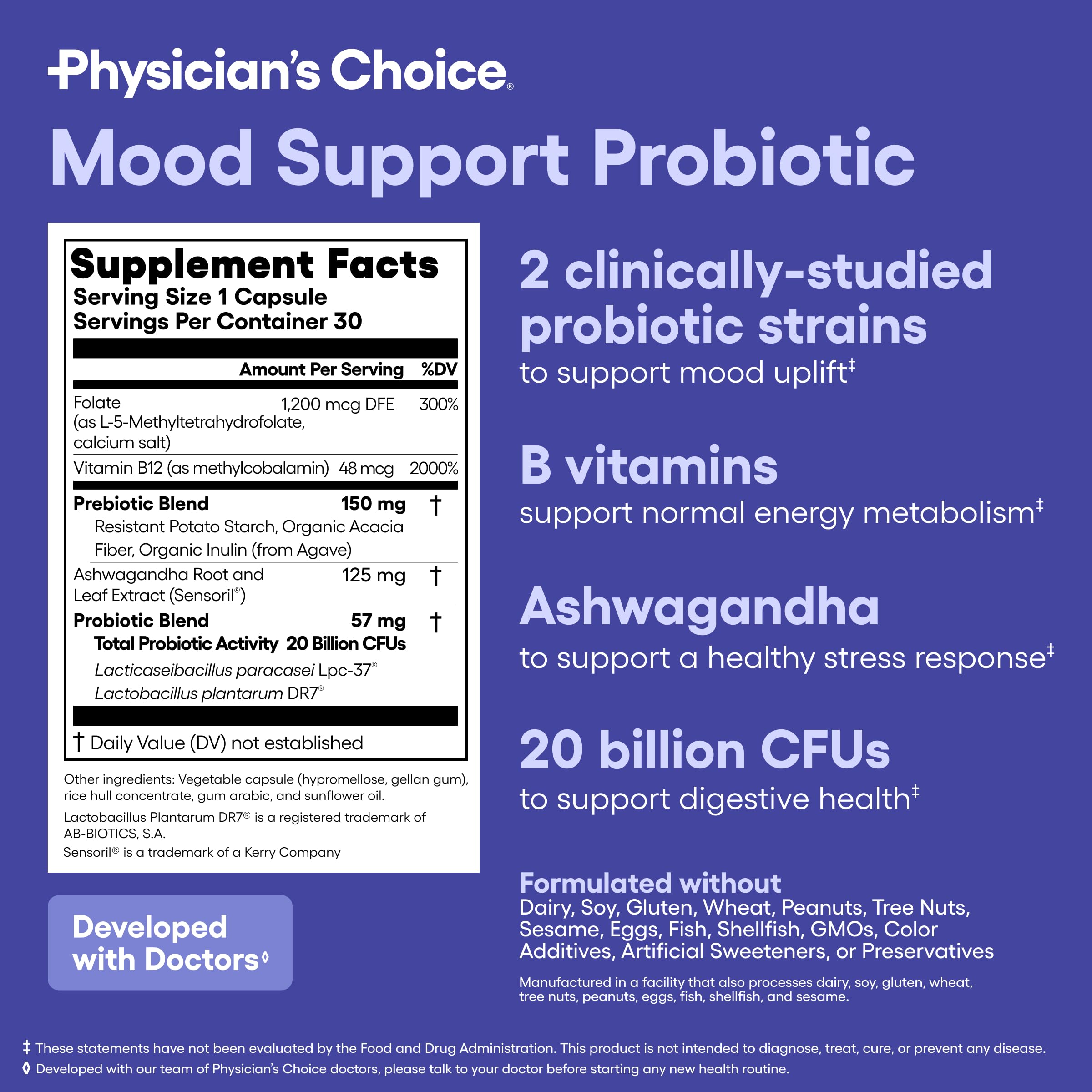 Physician's CHOICE Mood Probiotic label shows non-GMO USA-made quality.
