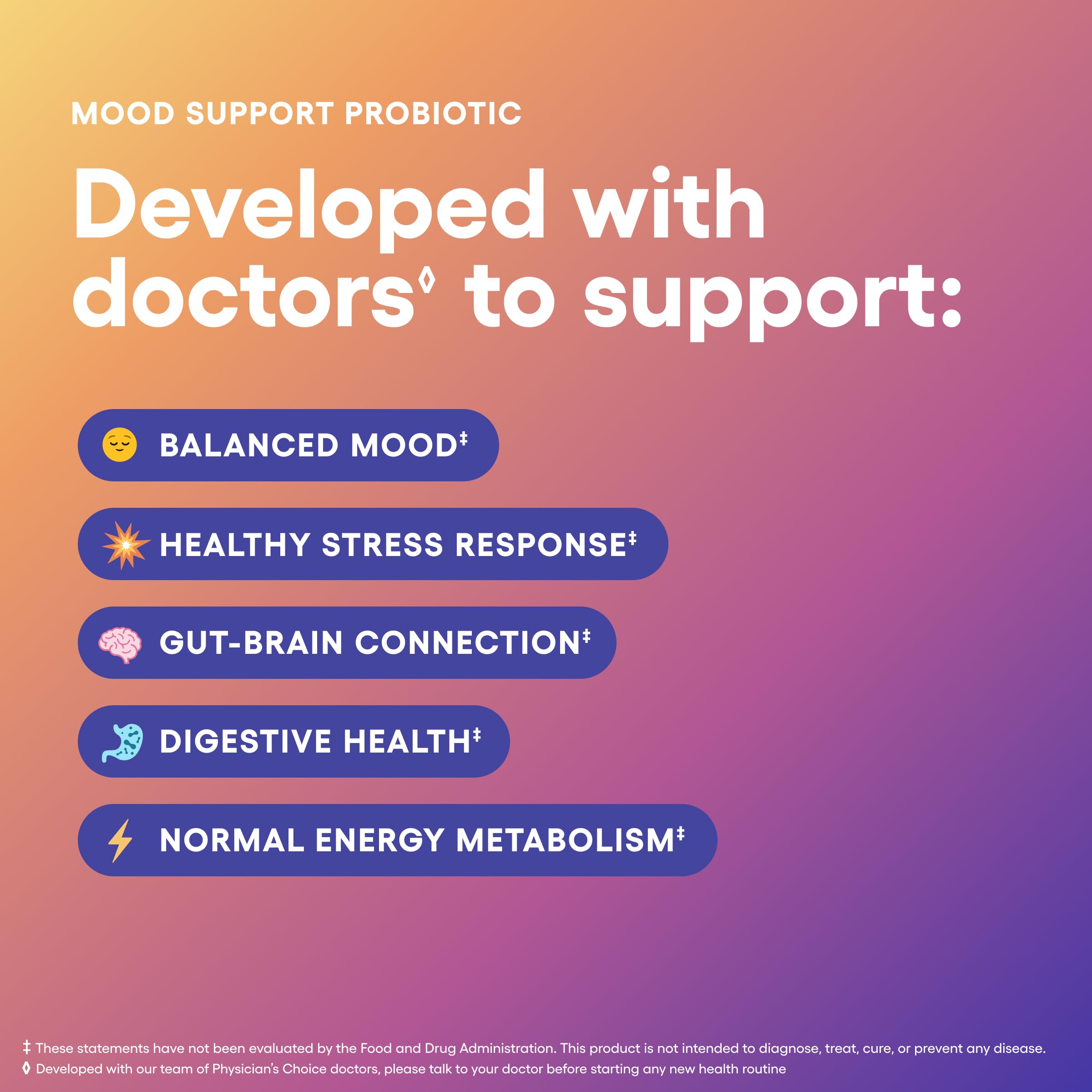 Physician's CHOICE Mood Probiotic prebiotic blend label highlights gut-brain support.
