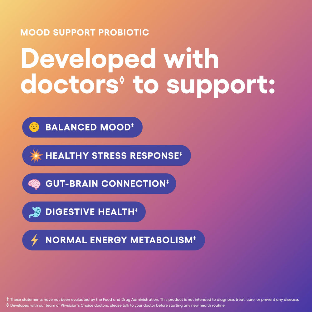 Physician's CHOICE Mood Probiotic prebiotic blend label highlights gut-brain support.