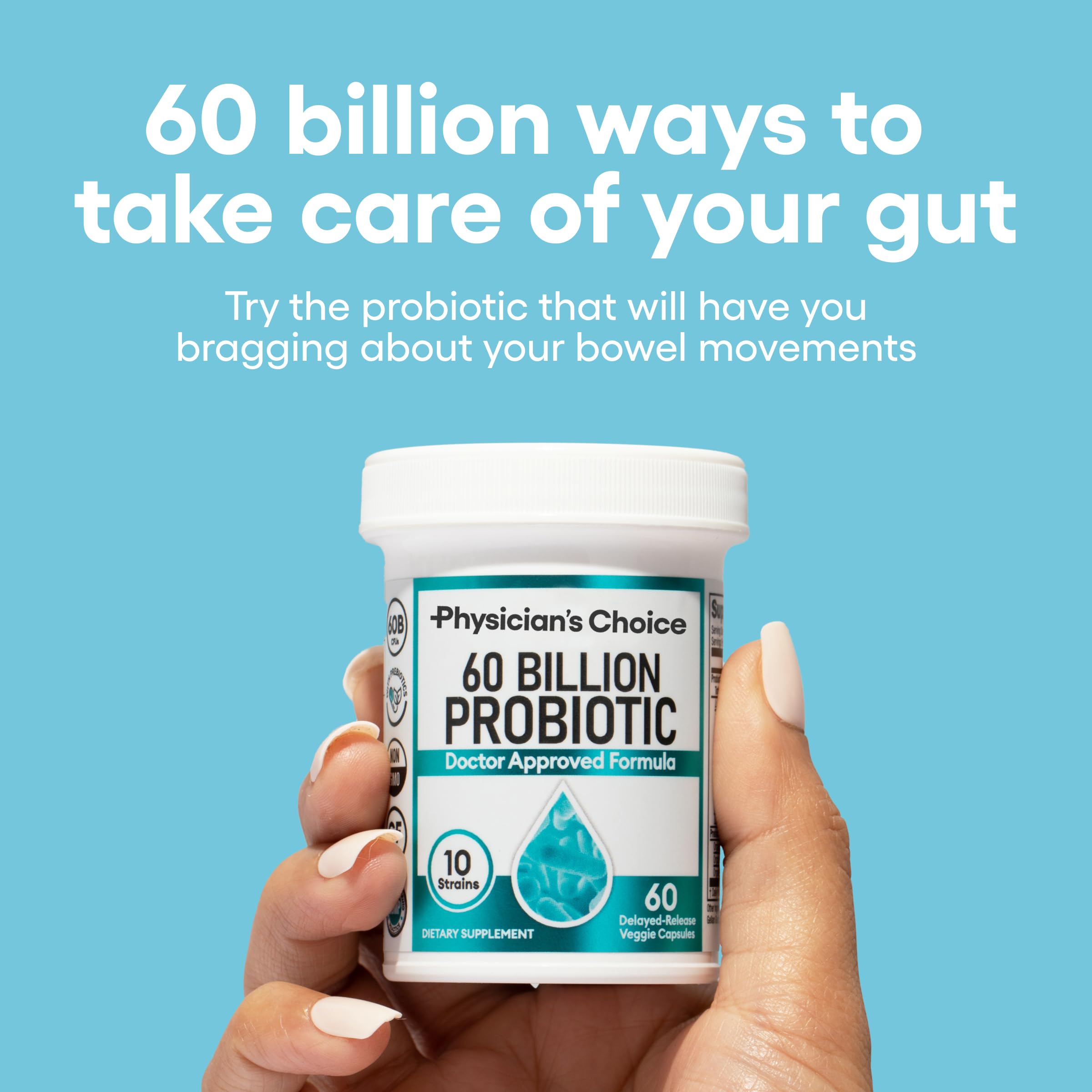 Physician's CHOICE Probiotics capsules showing 10 strains for balance.