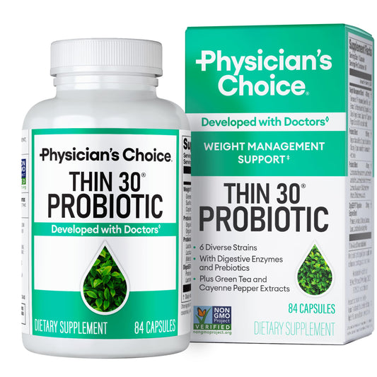 Physician's CHOICE probiotics bottle showing 6 strains for weight management