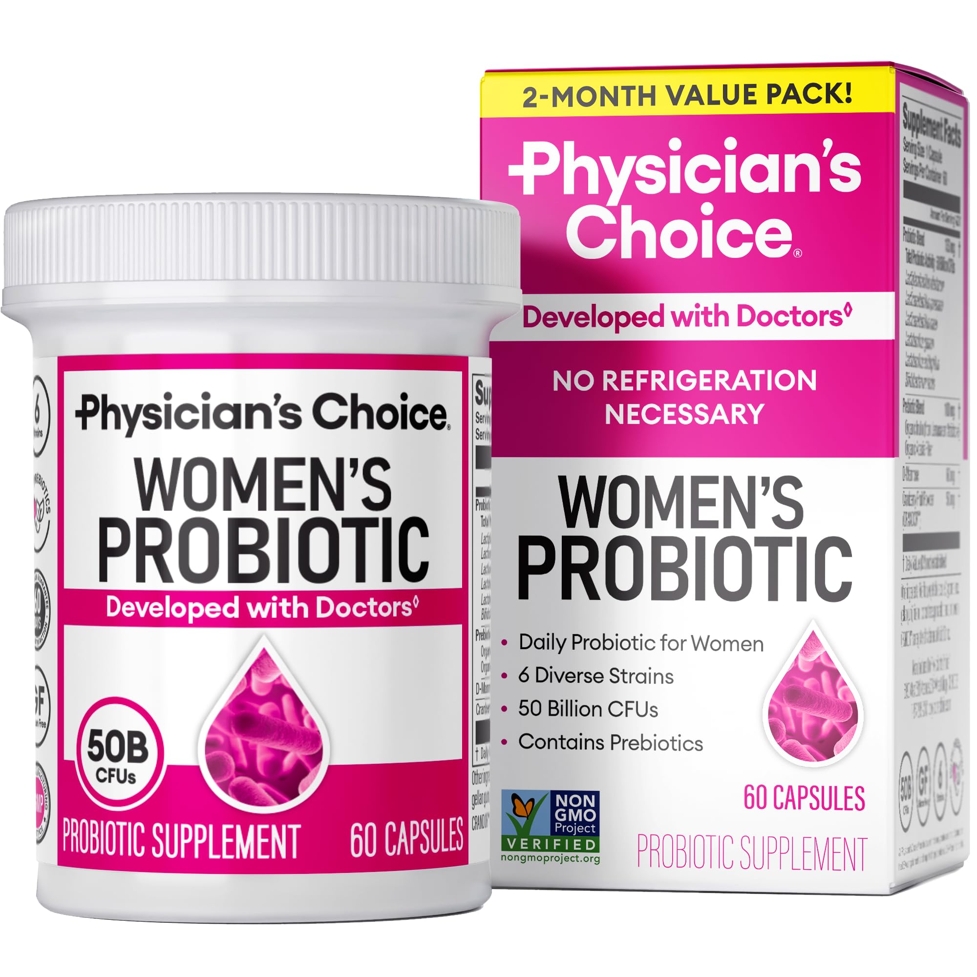 Physician's Choice Probiotics bottle front with 50B CFU and six targeted strains