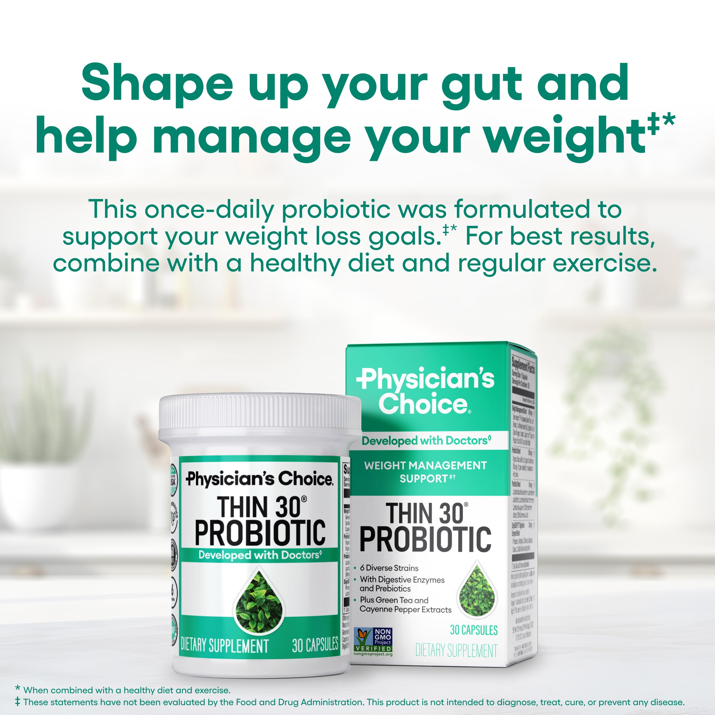 Physician's CHOICE bottle highlighting green tea extract for metabolism support.