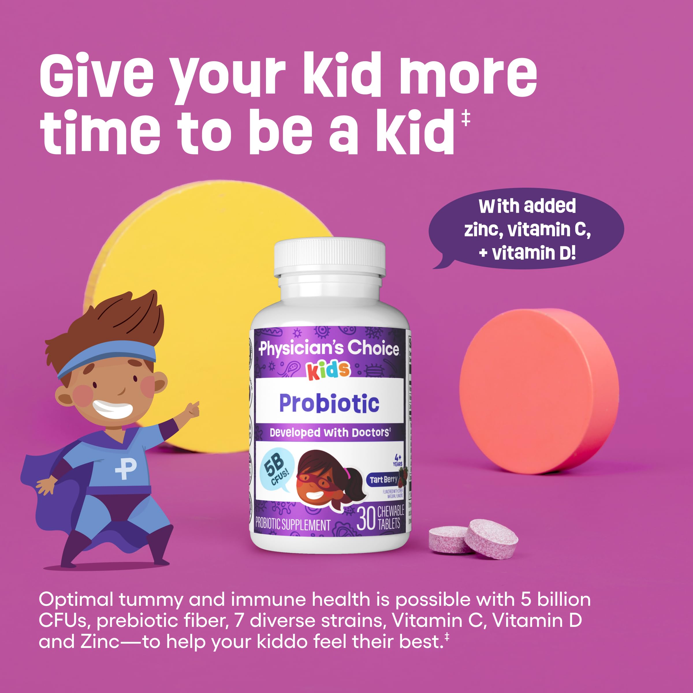 Physician's CHOICE Kids ingredients panel highlighting seven strains and vitamins
