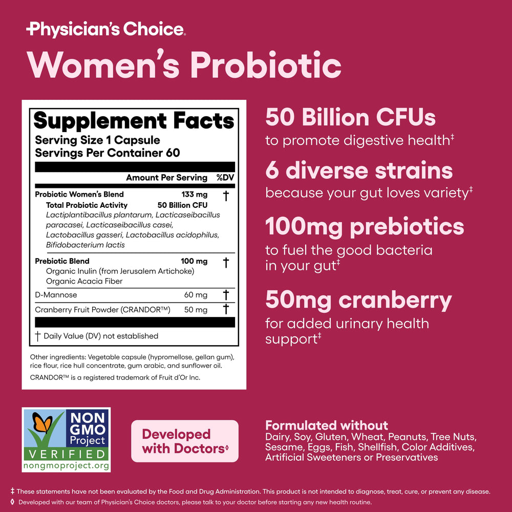 Physician's Choice Probiotics made in USA label with quality control imagery