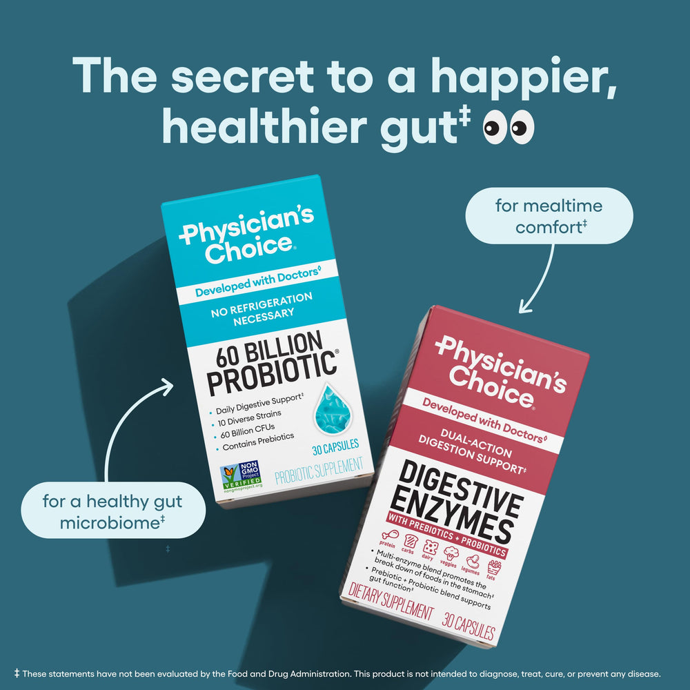 Physician's CHOICE Probiotics shelf-stable packaging for easy storage at home.