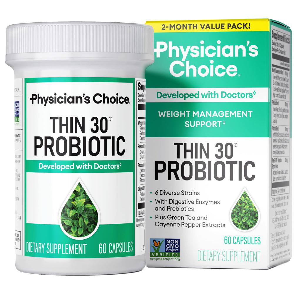 Physician's CHOICE Probiotics bottle front view highlighting weight management support.