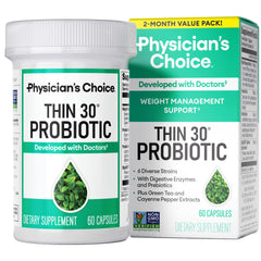 Physician's CHOICE Probiotics bottle front view highlighting weight management support.