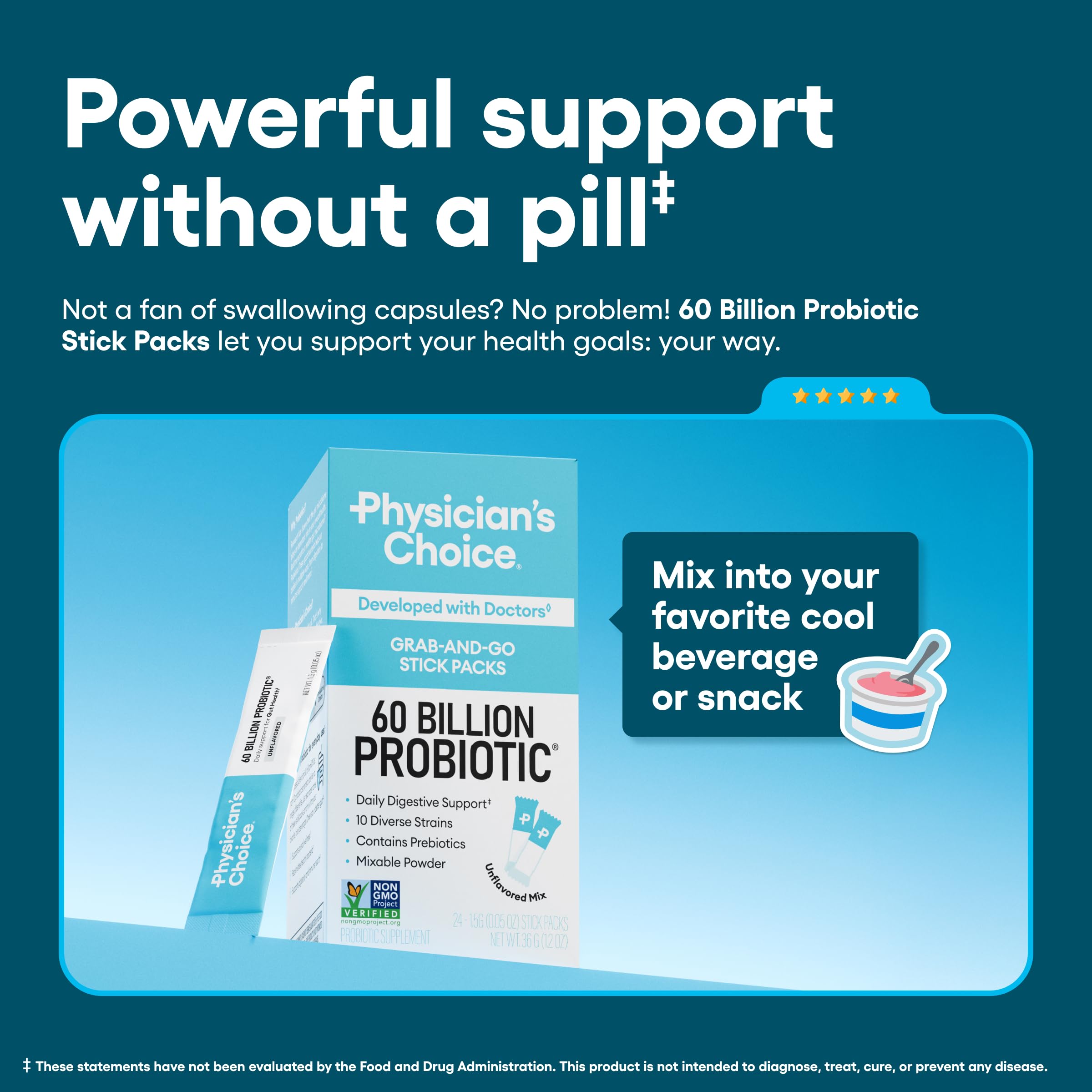 Physician's Choice ten-strain probiotic blend with prebiotics supports gut balance.