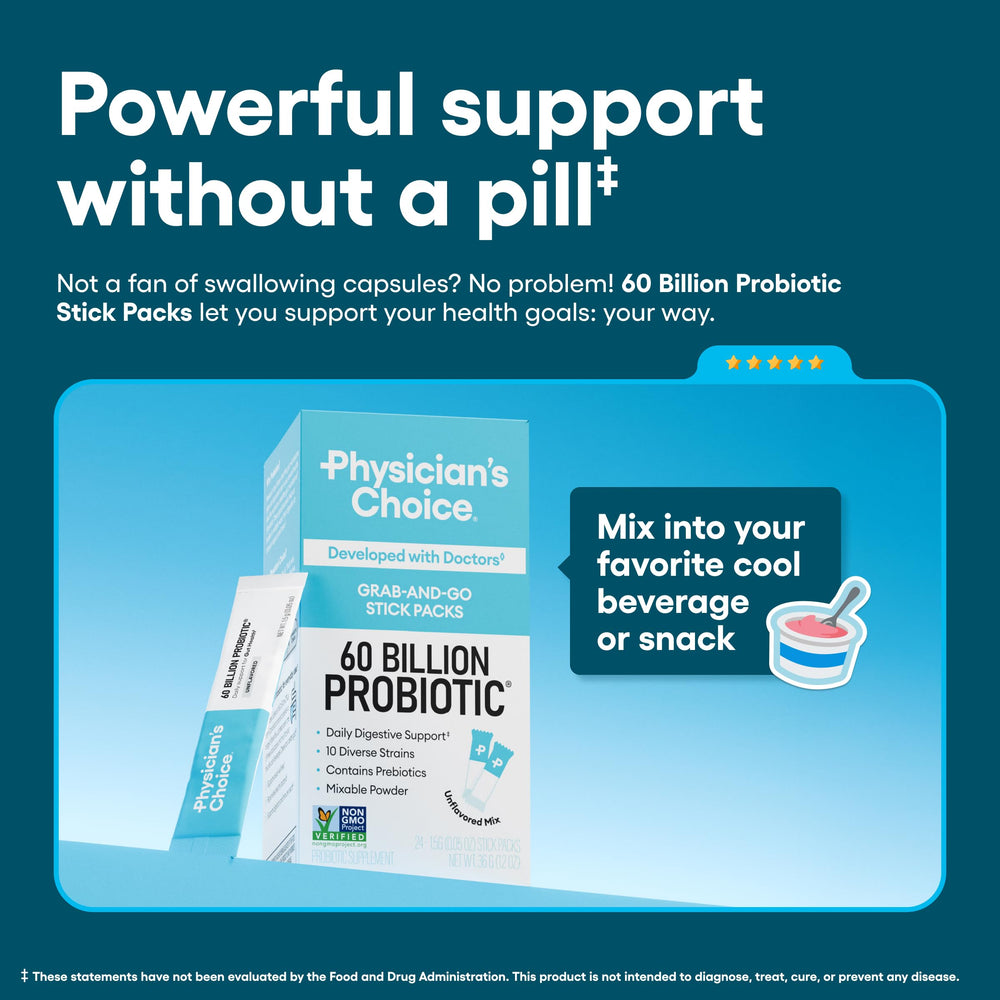 Physician's Choice ten-strain probiotic blend with prebiotics supports gut balance.