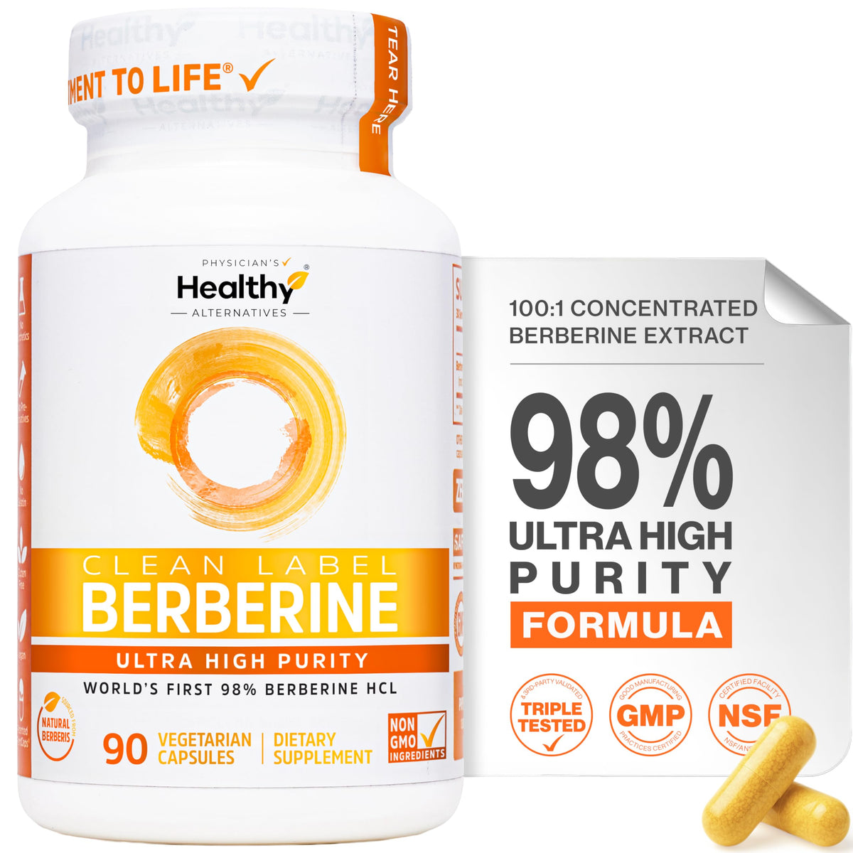 Physician's Healthy Alternatives clean label berberine bottle shows ultra-pure Berberine HCl for daily use