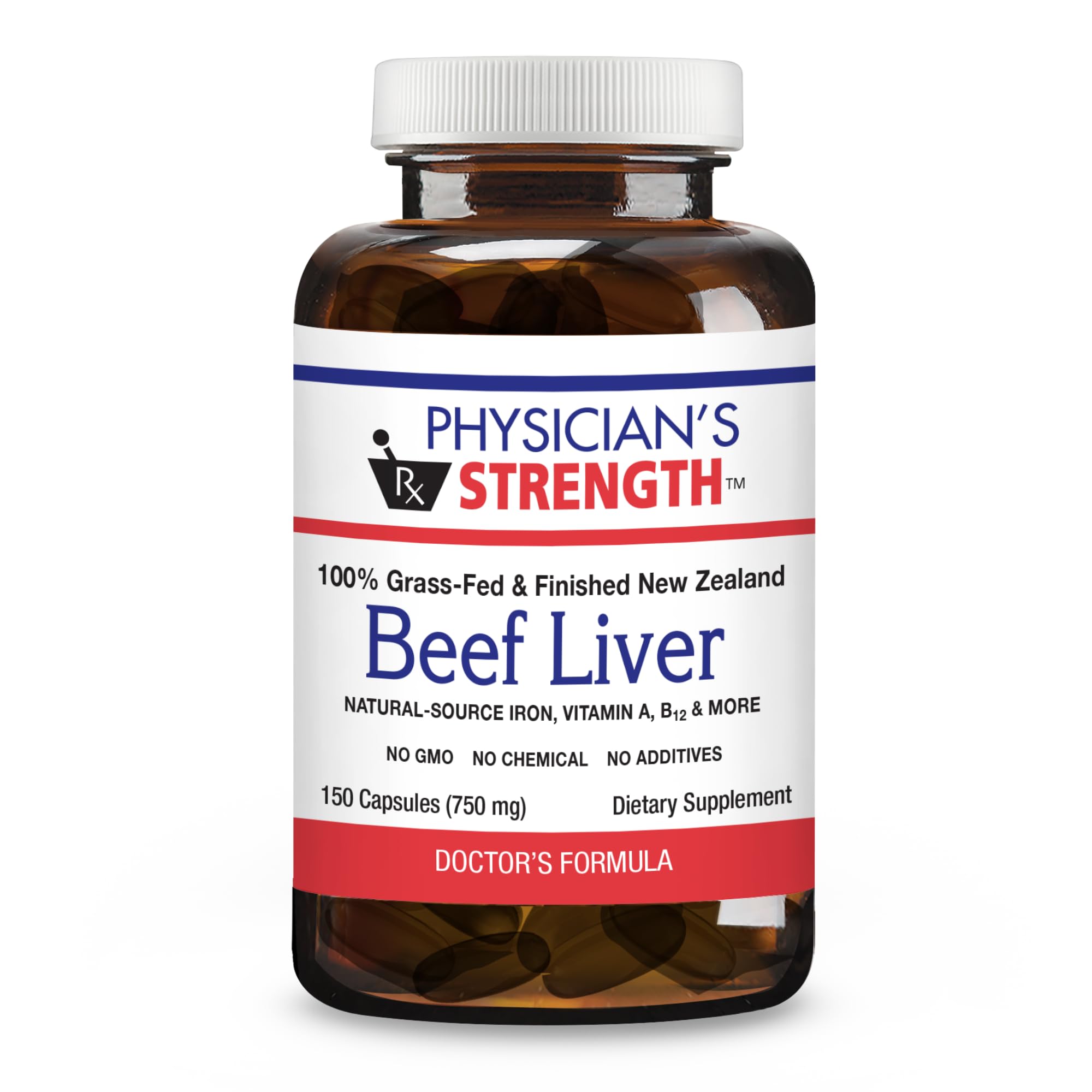 Physician's Strength beef liver bottle shows rich vitamins A and B12 for daily vitality.