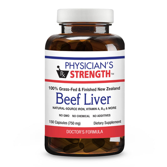 Physician's Strength beef liver bottle shows rich vitamins A and B12 for daily vitality.