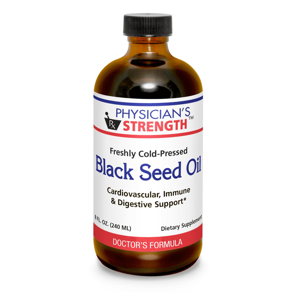 Physician's Strength black seed oil bottle on kitchen counter ready for daily use in salads.