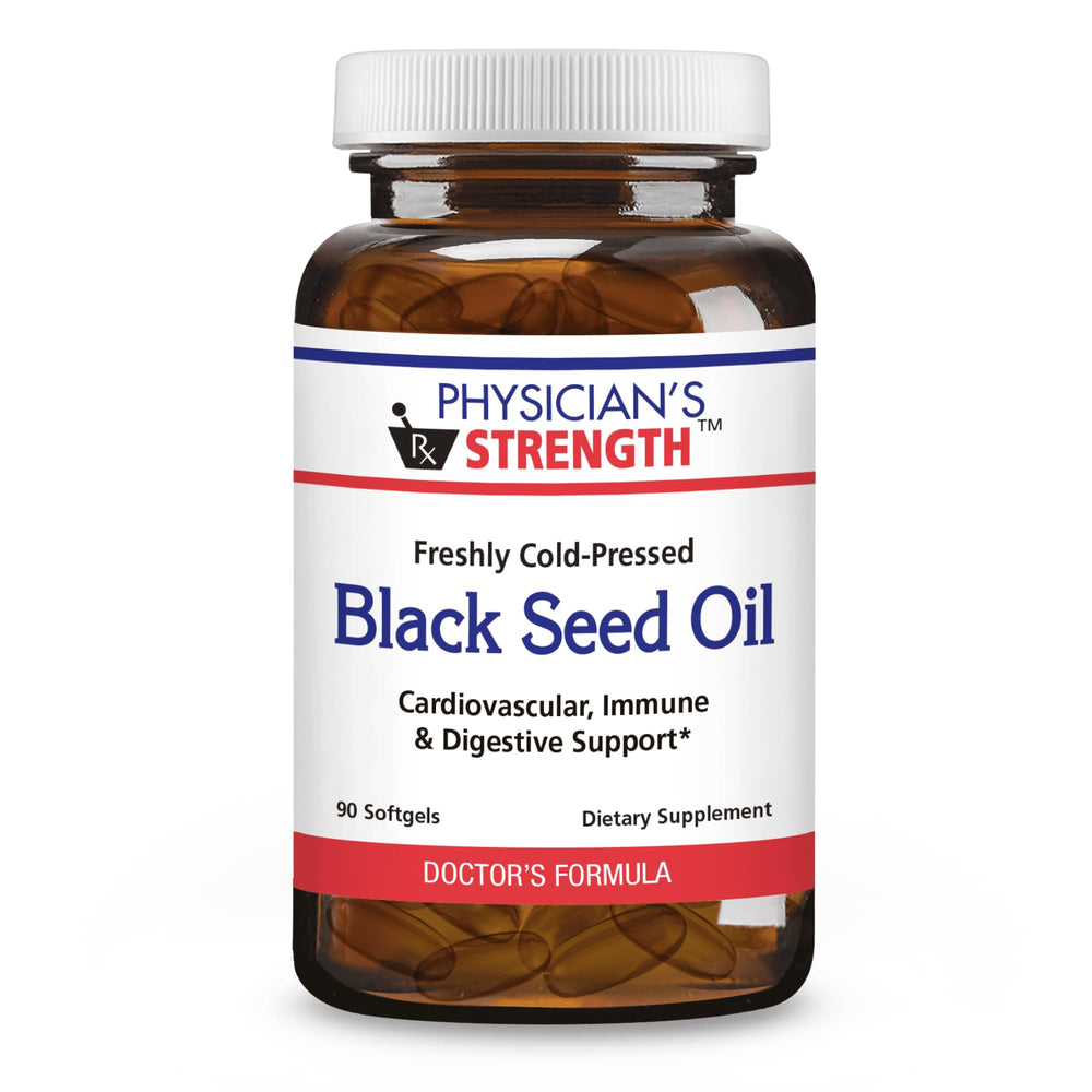 Physician's Strength black seed oil gelcaps, front view bottle for daily wellness support.