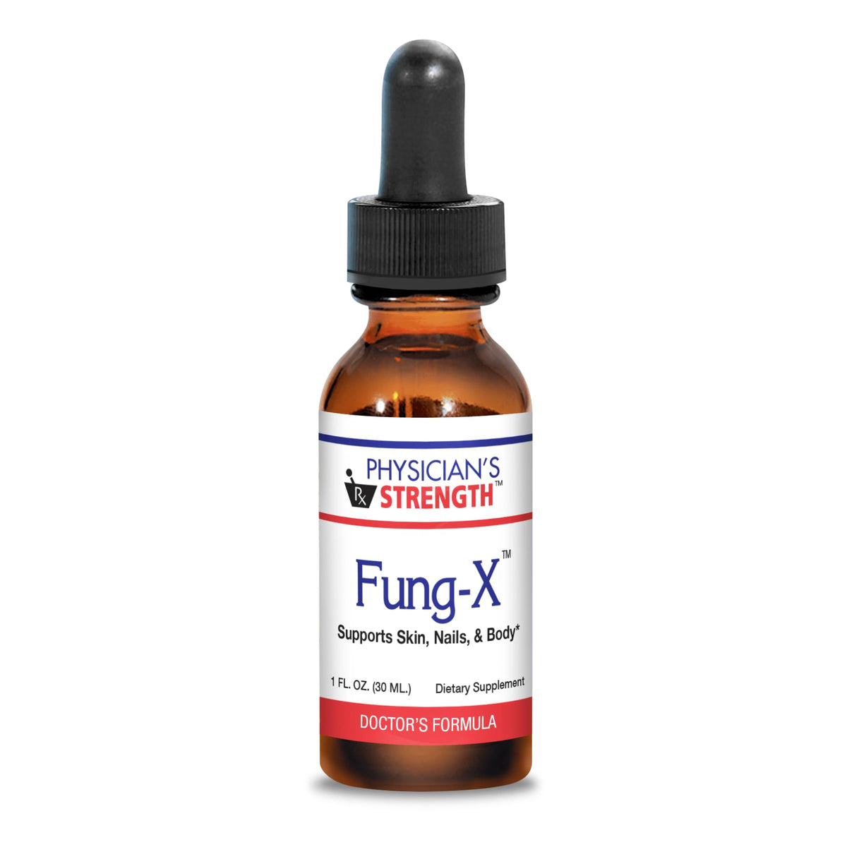 Physician's Strength Fung-X bottle front showing a premium liquid formula for skin and nails.