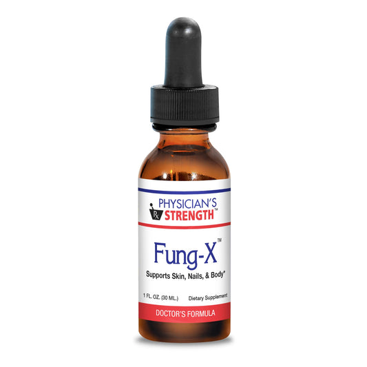 Physician's Strength Fung-X bottle front showing a premium liquid formula for skin and nails.