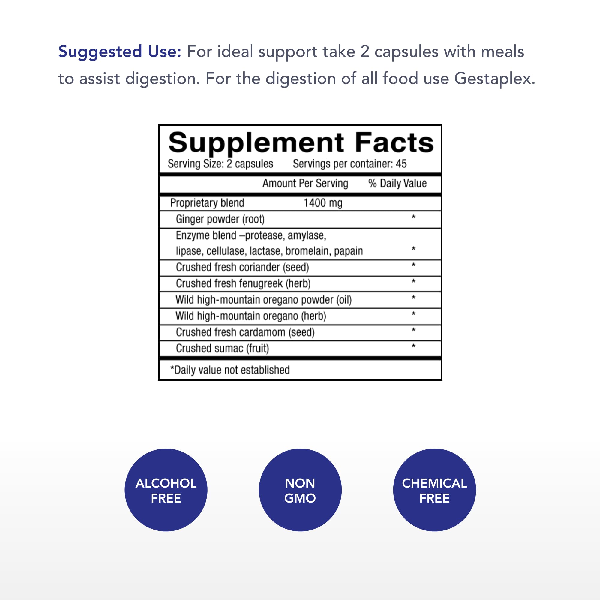Gestaplex capsules close-up showing natural enzyme blend for digestion