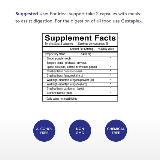 Gestaplex capsules close-up showing natural enzyme blend for digestion