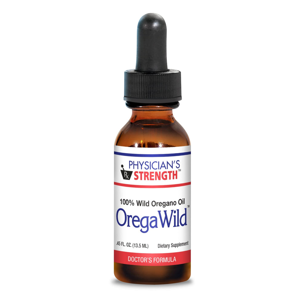 Physician's Strength OregaWild bottle showing wild oregano oil for daily use.