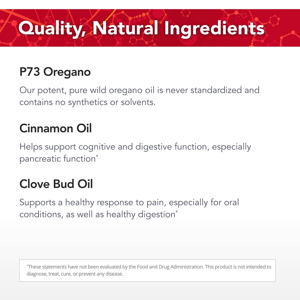 P73 oregano oil steam-distillation badge on Ultracidal label signaling purity
