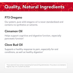 P73 oregano oil steam-distillation badge on Ultracidal label signaling purity