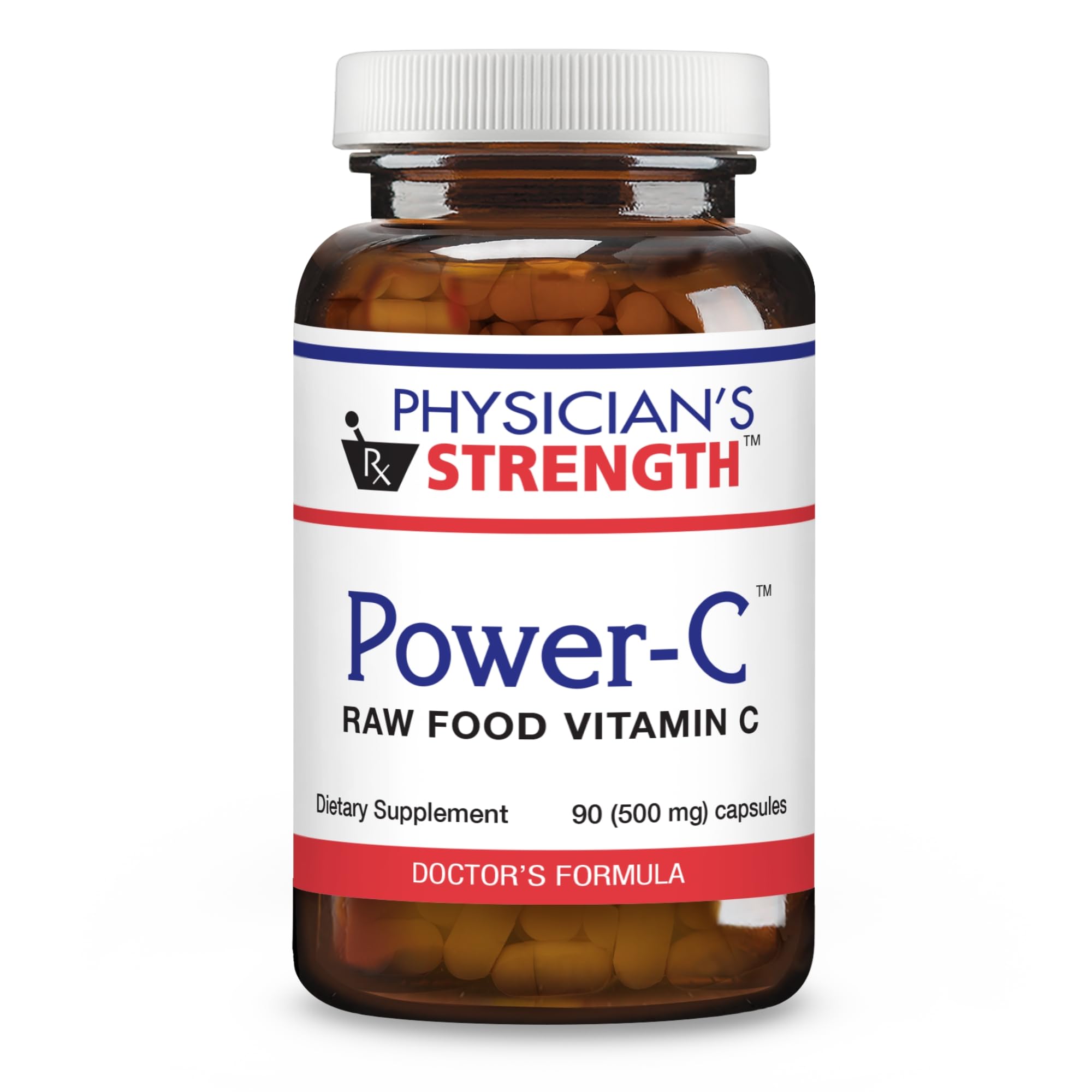 Physician's Strength Power-C bottle with capsules for daily raw vitamin C support.