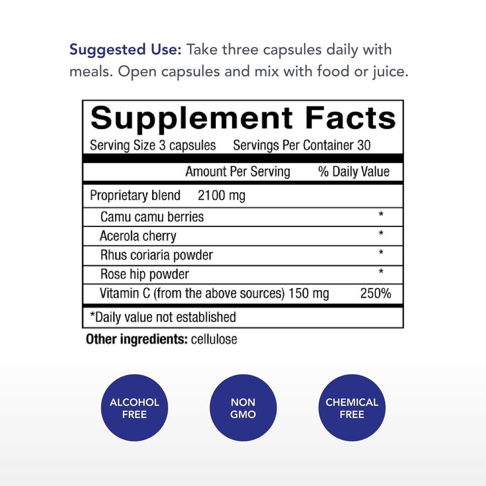 Power-C capsules close-up showing raw fruit vitamin C with flavonoids for absorption support.