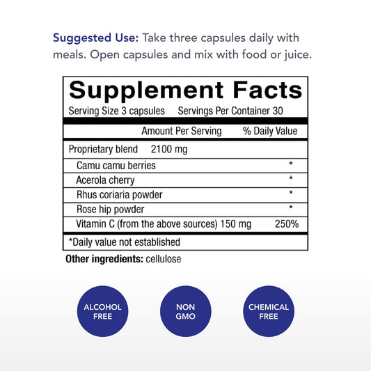Power-C capsules close-up showing raw fruit vitamin C with flavonoids for absorption support.