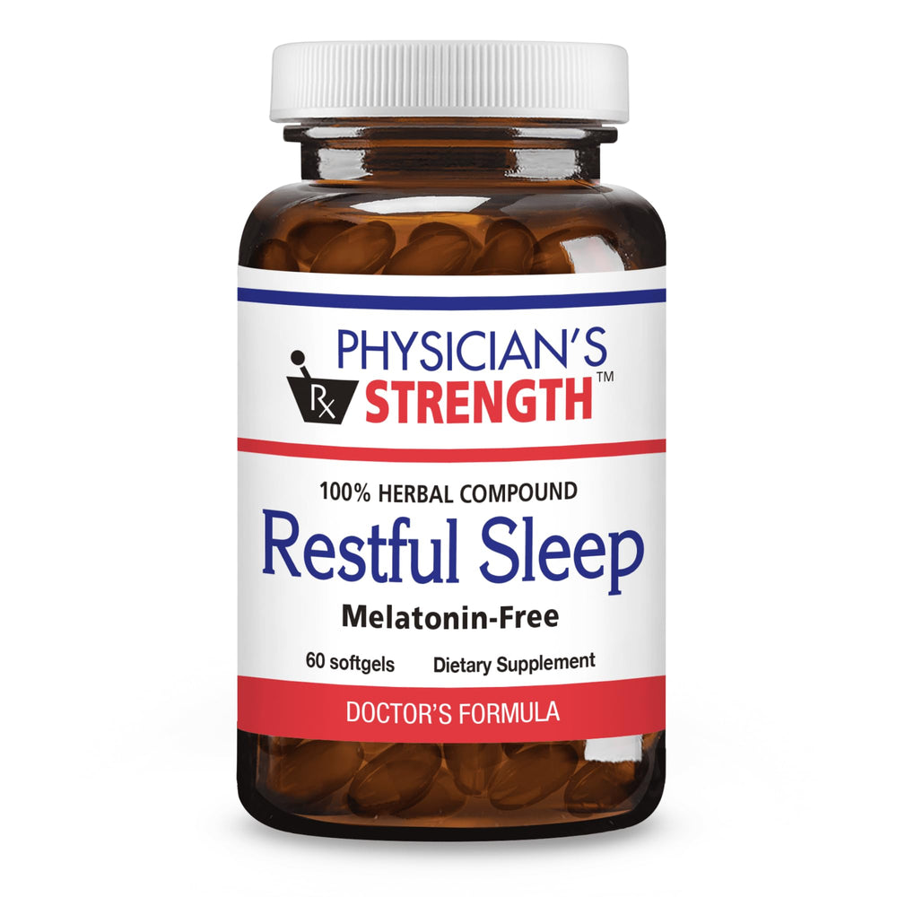 Physician's Strength Restful Sleep bottle front with melatonin-free herbal softgels to support a calm pre-bed routine.