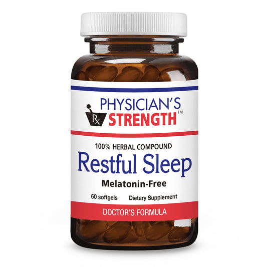 Physician's Strength Restful Sleep bottle front with melatonin-free herbal softgels to support a calm pre-bed routine.