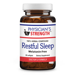 Physician's Strength Restful Sleep bottle front with melatonin-free herbal softgels to support a calm pre-bed routine.