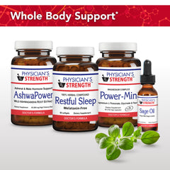 Packaging display for Physician's Strength Restful Sleep emphasizing 60 servings and herbal composition.