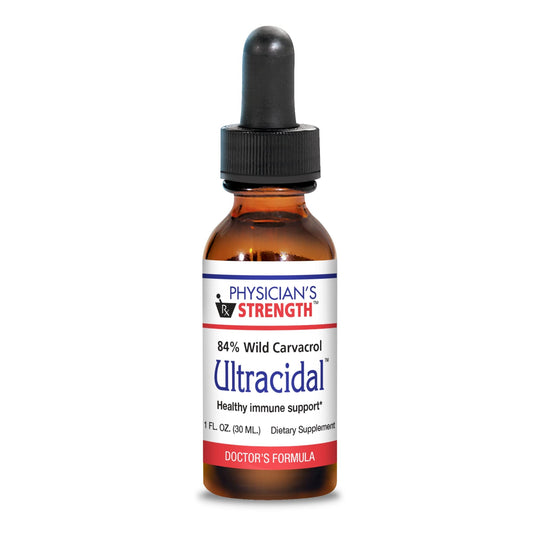 Physician's Strength Ultracidal bottle front view showcasing premium oregano oil packaging for daily use