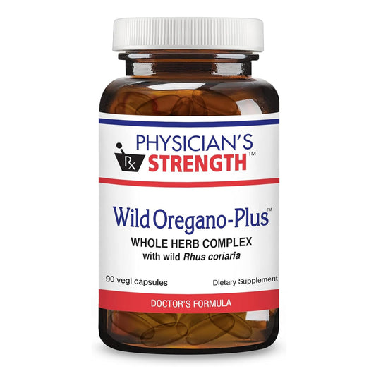 Physician's Strength Wild Oregano-Plus bottle front showing immune support potential.