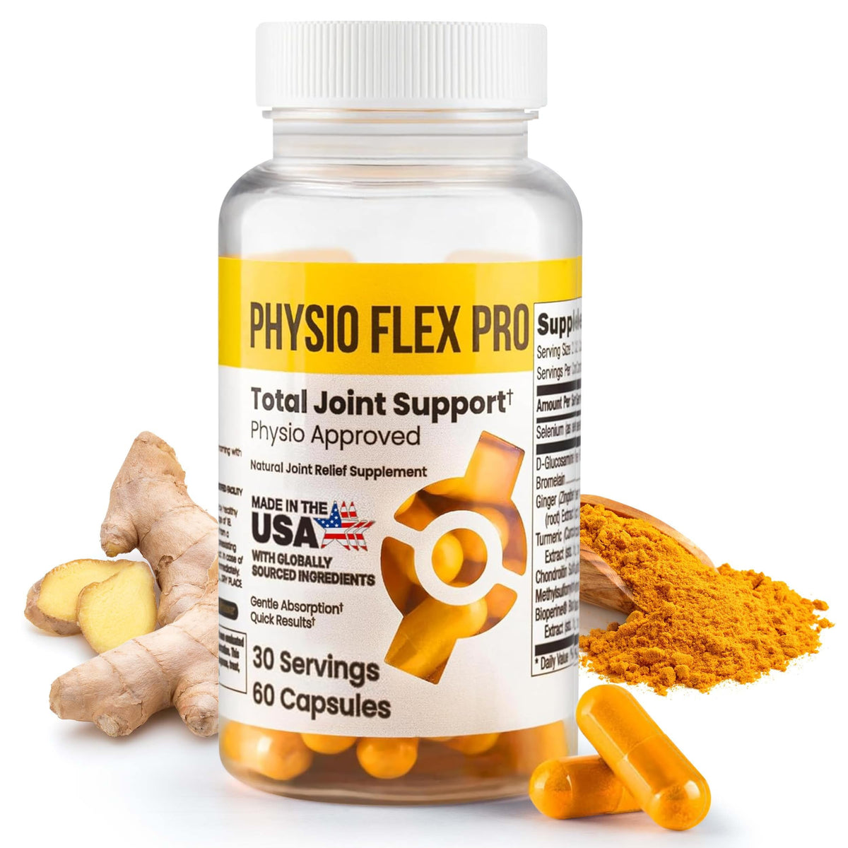 Physio Flex Pro bottle front showing joint support capsules for daily mobility