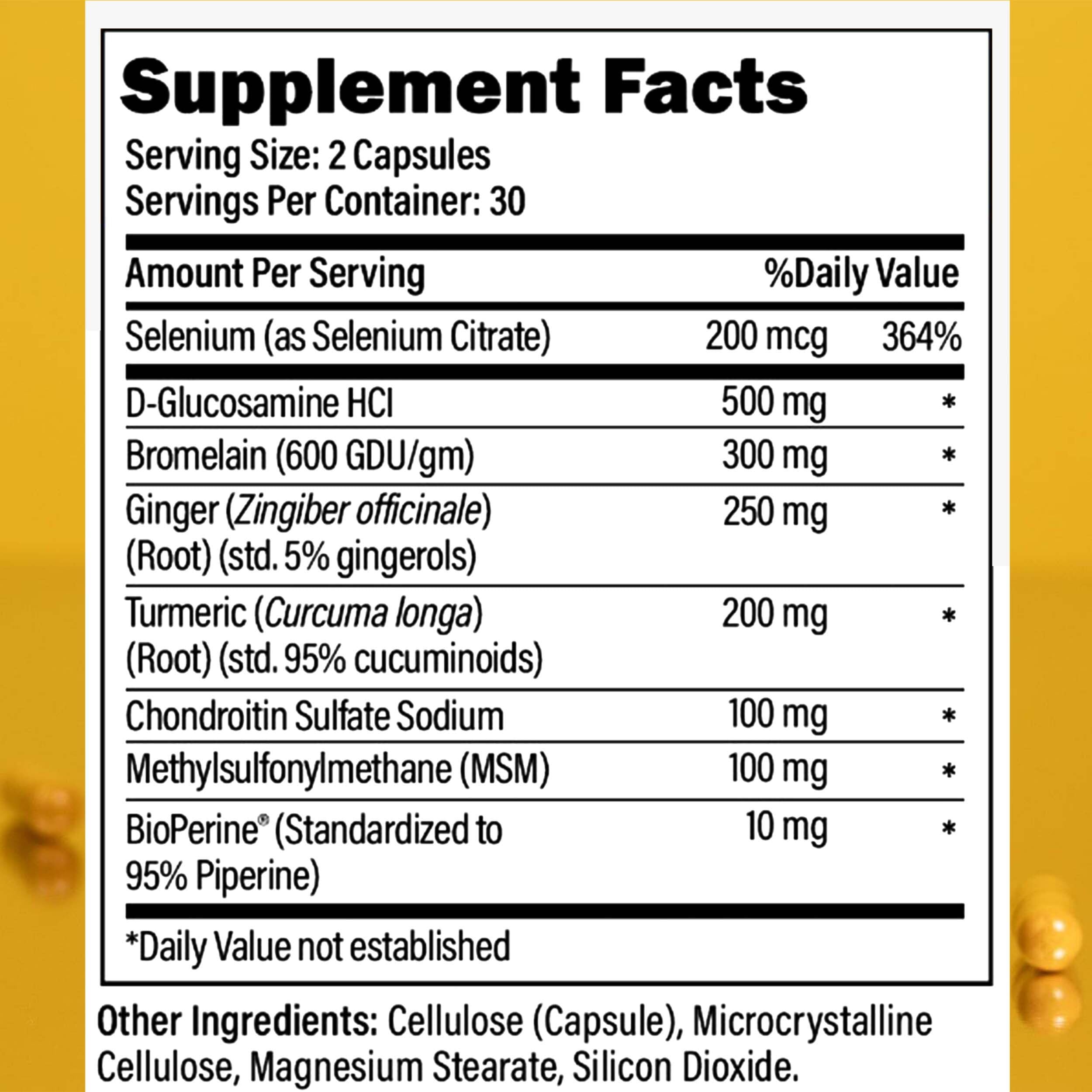Close-up of Physio Flex Pro capsules highlighting glucosamine and bromelain benefits