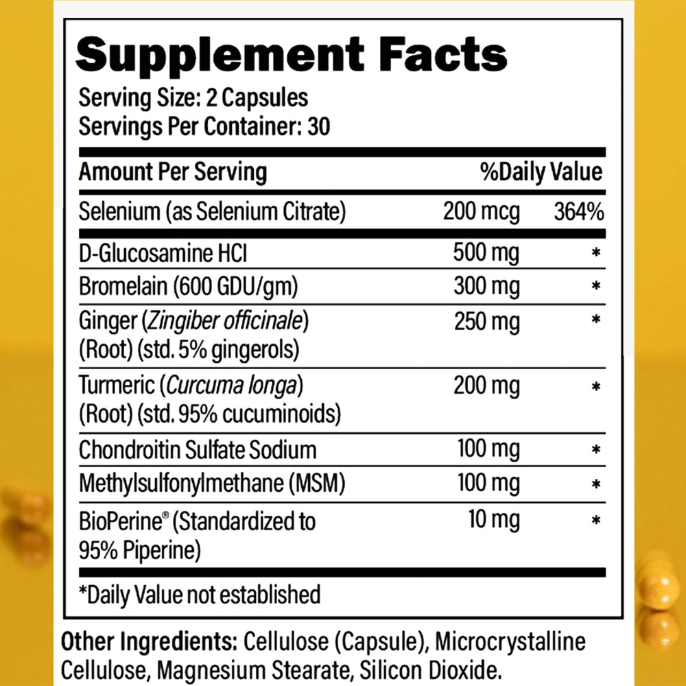 Close-up of Physio Flex Pro capsules highlighting glucosamine and bromelain benefits
