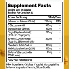 Close-up of Physio Flex Pro capsules highlighting glucosamine and bromelain benefits