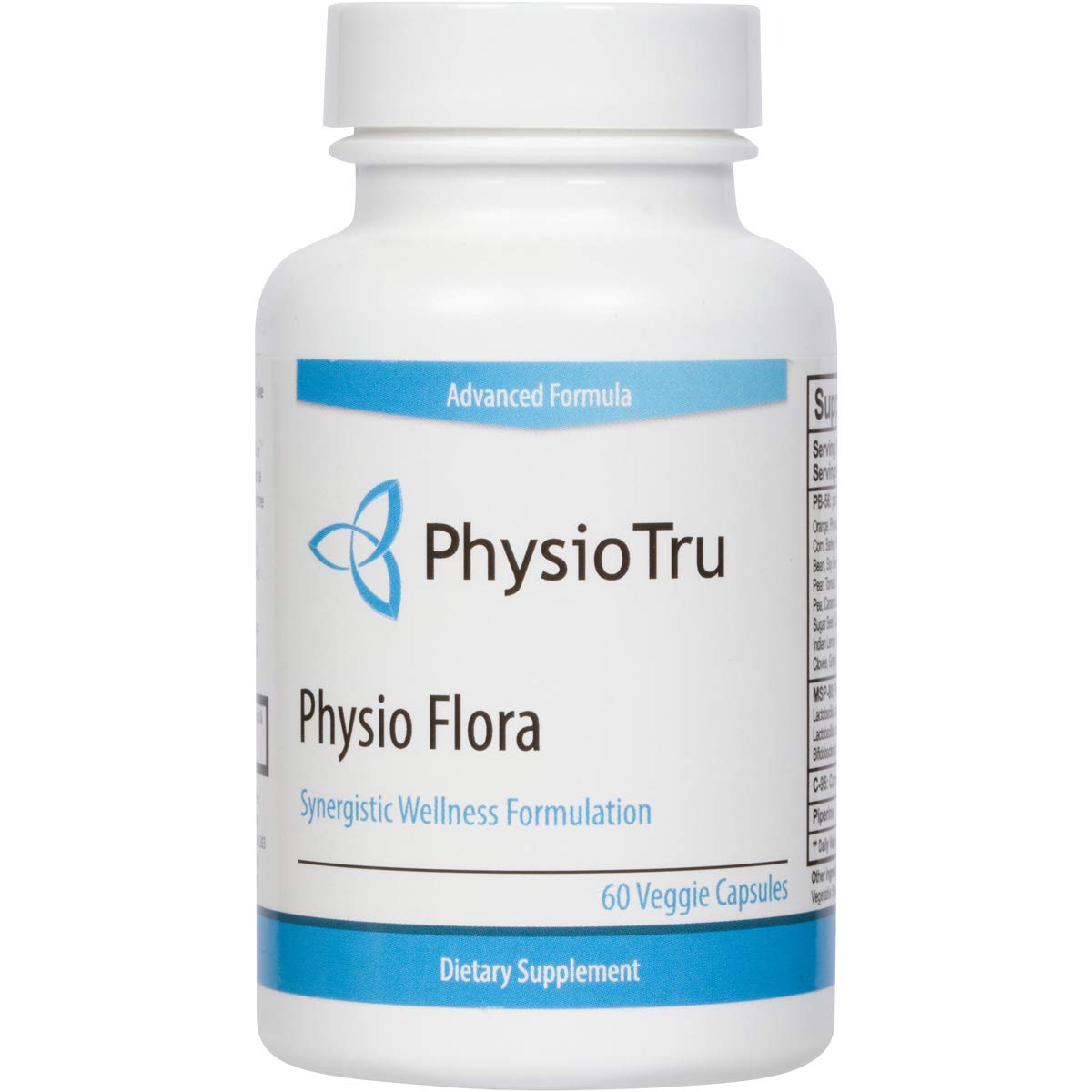 PhysioTru Physio Flora bottle with capsules for gut support and daily energy.
