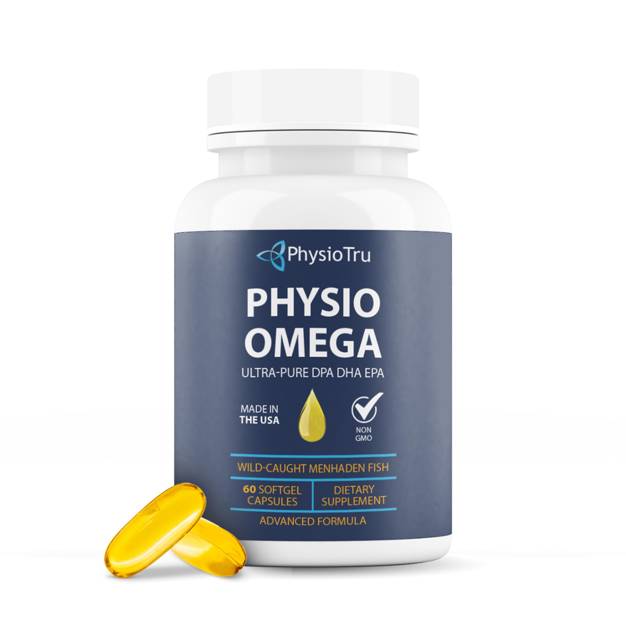 PhysioTru Omega bottle with softgels for daily wellness support.