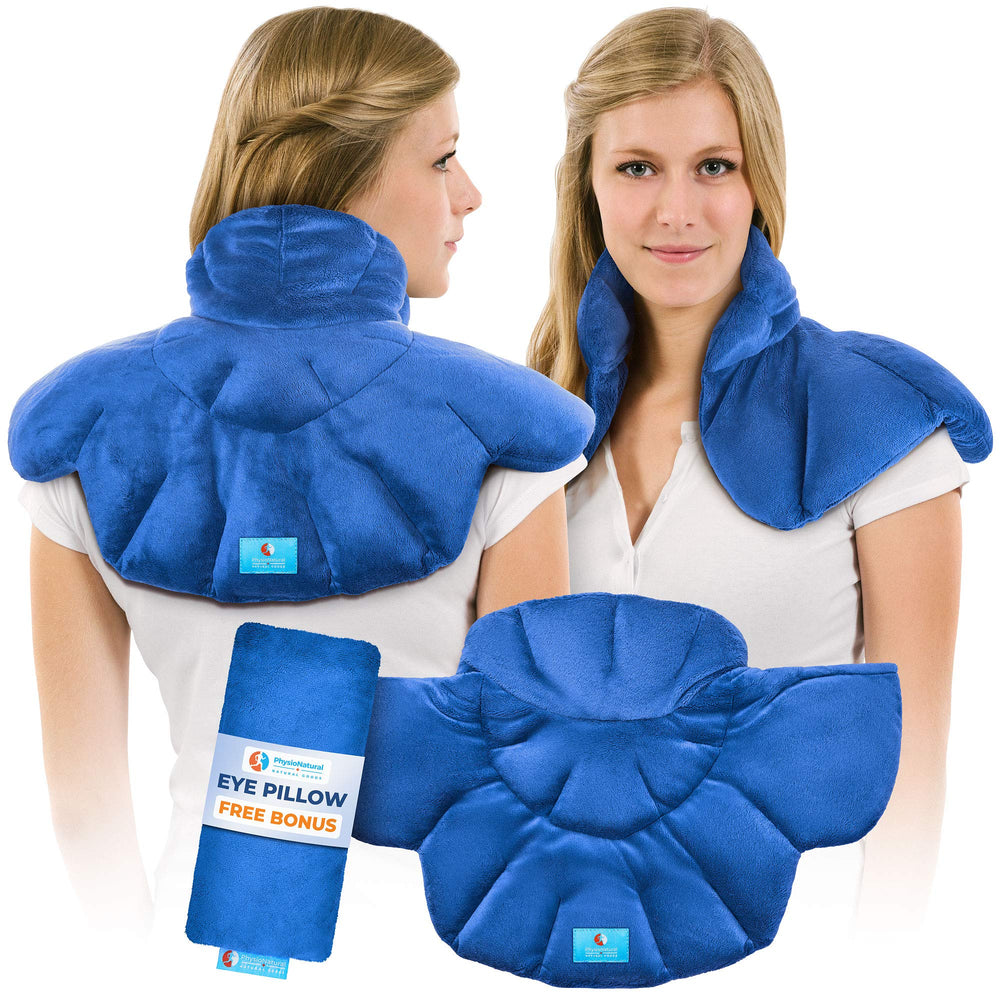 PhysioNatural microwavable heating pad neck wrap heats targeted areas for neck tension relief.