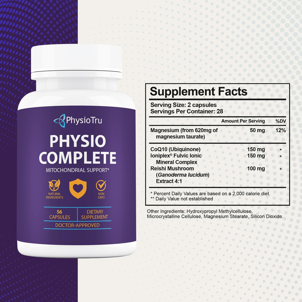 PhysioTru Physio Complete CoQ10 bottle back label shows full ingredient details for informed use.