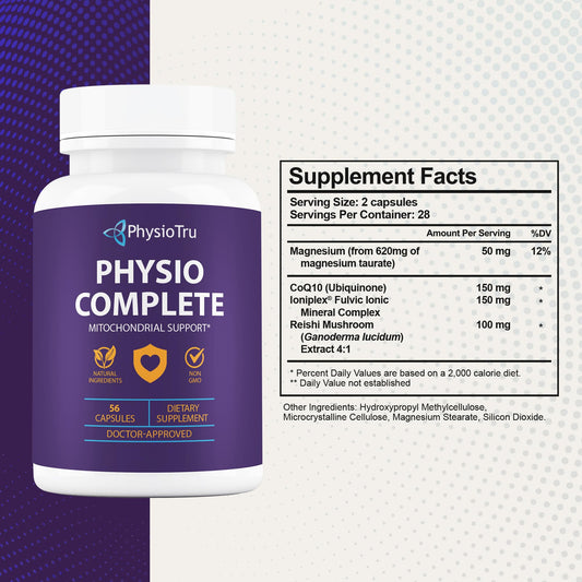PhysioTru Physio Complete CoQ10 bottle back label shows full ingredient details for informed use.