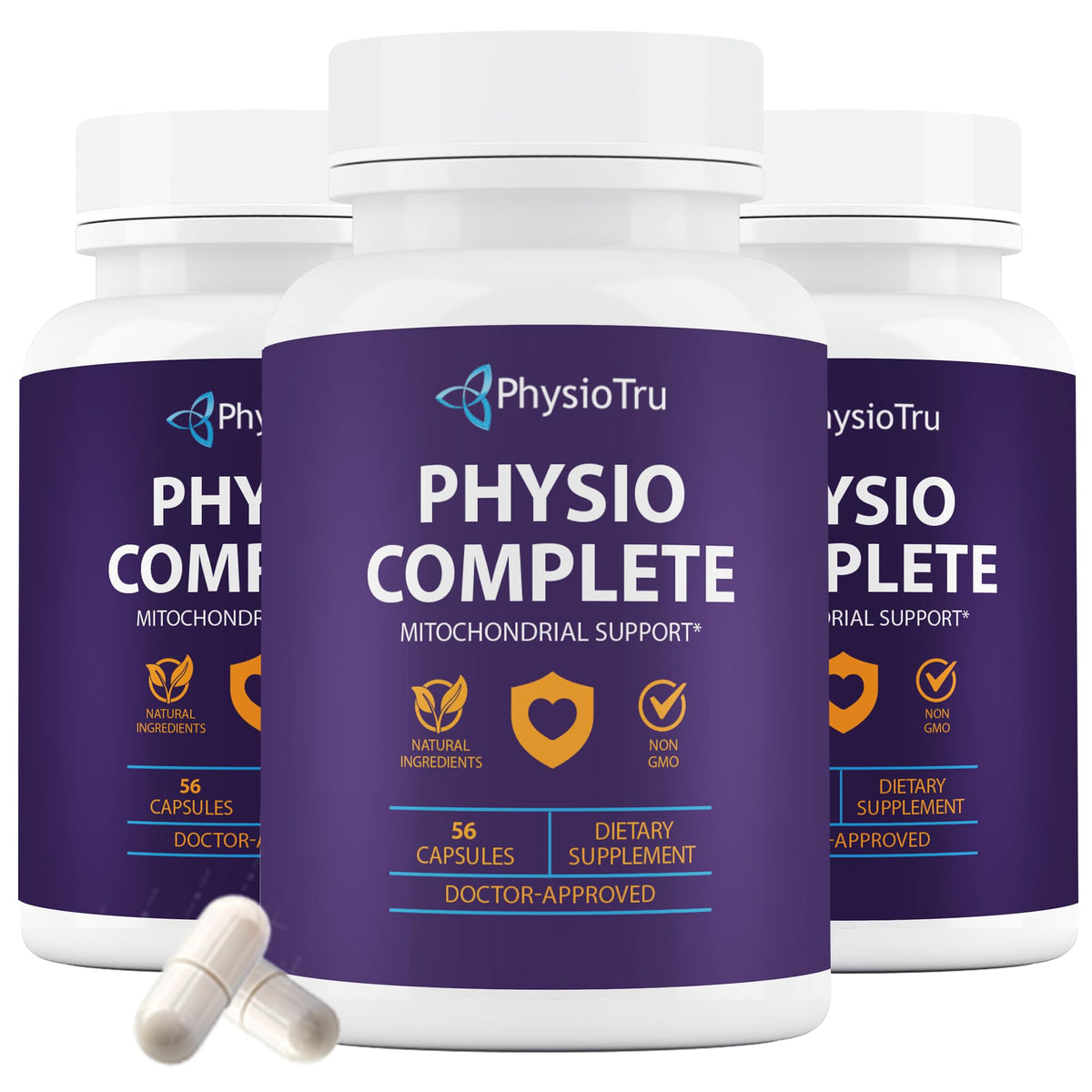 PhysioTru Physio Complete CoQ10 bottle front for easy daily energy support.